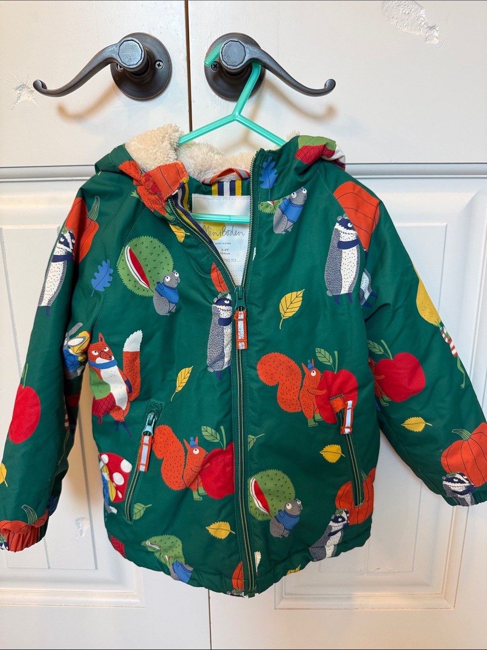 Mini Boden Green Woodland Animal Print Hooded Puffer Jacket